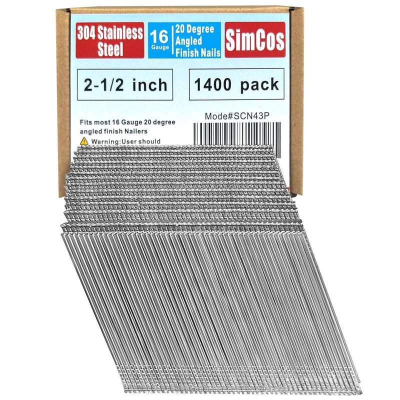 SimCos 16 Gauge 304 Stainless Steel Angled Finish Nails – 1-1/4” to 2-1/2 Inch, 20-Degree | Compatible with Pneumatic/Electric Angled Finish Nailers & Nail Guns (2-1/2"-1400 pcs) - Image 1
